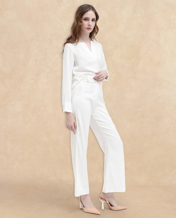 Rareism Women Selene White Cotton Fabric Zipper Closure Solid Regular Fit Trouser