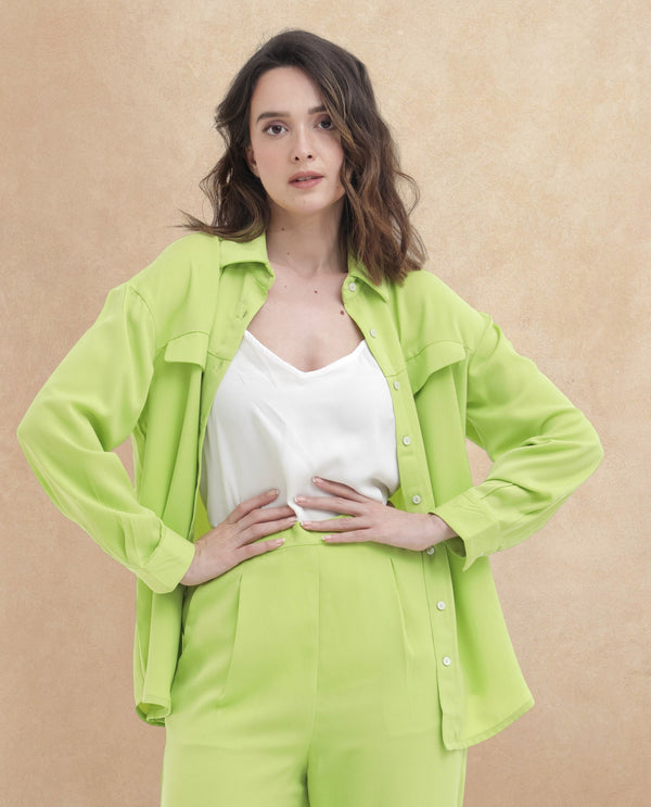 Rareism Women Sergey Green Polyester Fabric Full Sleeves Button Closure Collared Neck Cuffed Sleeve Regular Fit Plain Shirt
