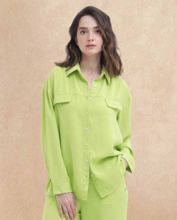 Rareism Women Sergey Green Polyester Fabric Full Sleeves Button Closure Collared Neck Cuffed Sleeve Regular Fit Plain Shirt