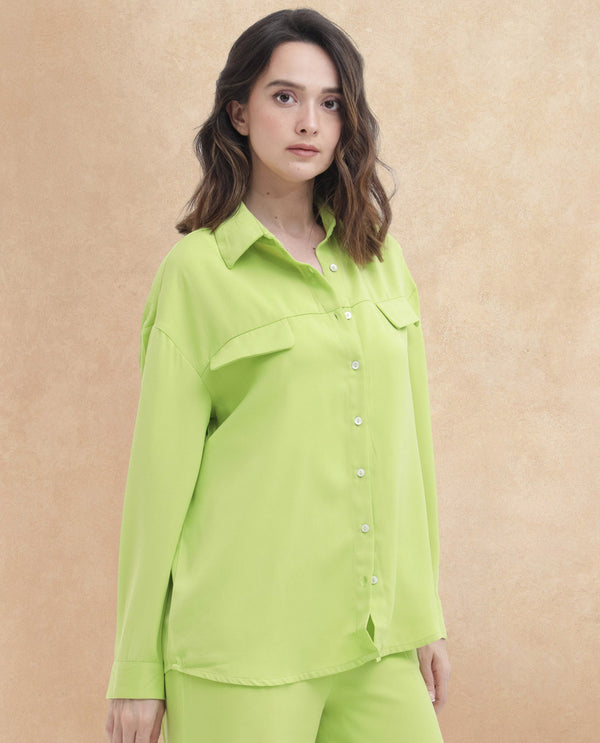 Rareism Women Sergey Green Polyester Fabric Full Sleeves Button Closure Collared Neck Cuffed Sleeve Regular Fit Plain Shirt