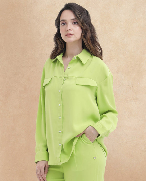 Rareism Women Sergey Green Polyester Fabric Full Sleeves Button Closure Collared Neck Cuffed Sleeve Regular Fit Plain Shirt
