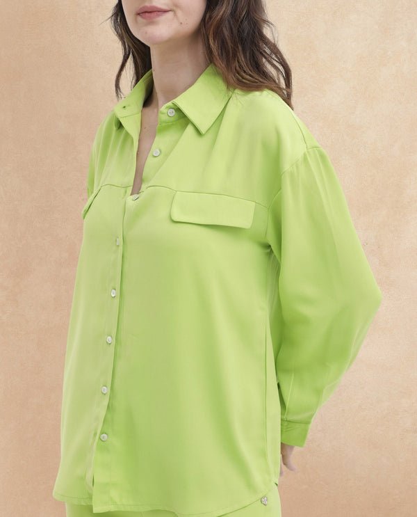 Rareism Women Sergey Green Polyester Fabric Full Sleeves Button Closure Collared Neck Cuffed Sleeve Regular Fit Plain Shirt