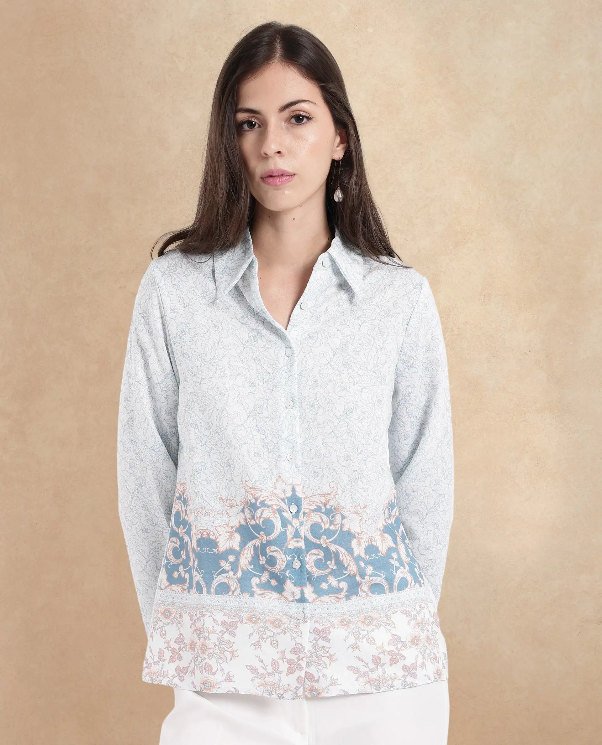 Rareism Women Sesent Light Multi Cuffed Sleeve Collared Neck  Abstract Print Top