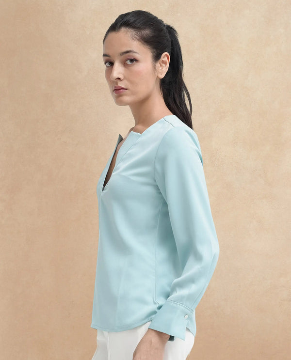 Rareism Women Shami Light Blue Cuffed Sleeve V-Neck Plain Top
