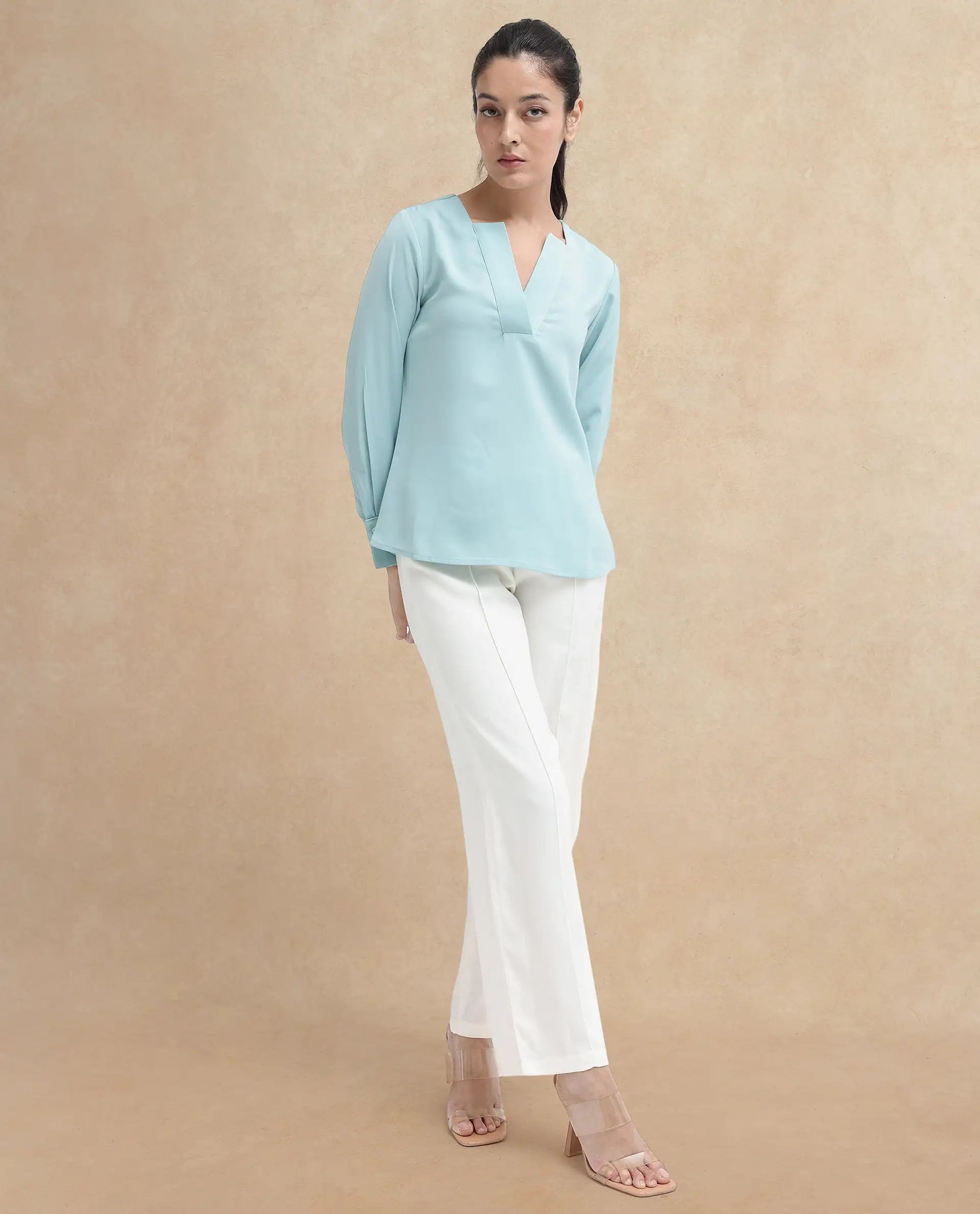 Rareism Women Shami Light Blue Cuffed Sleeve V-Neck Plain Top