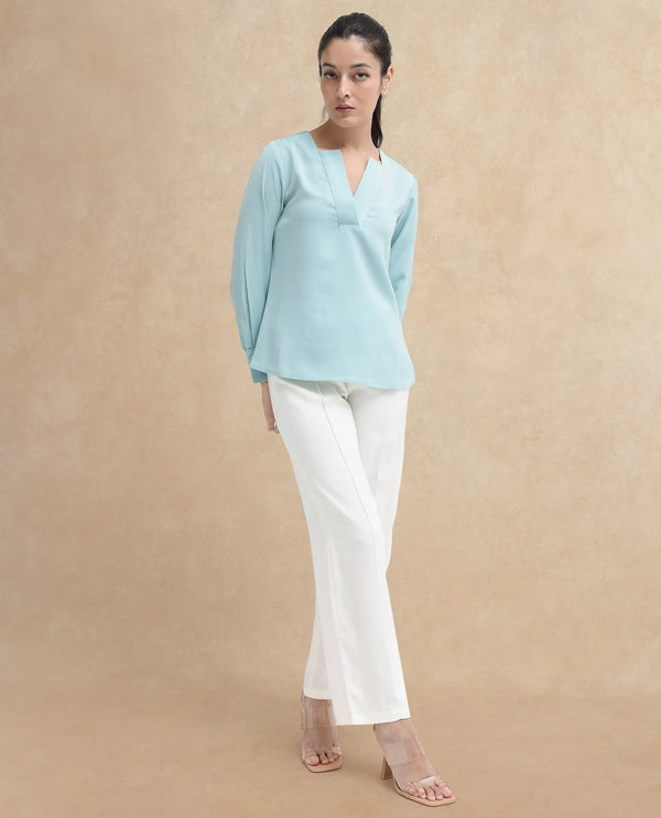 Rareism Women Shami Light Blue Cuffed Sleeve V-Neck Plain Top