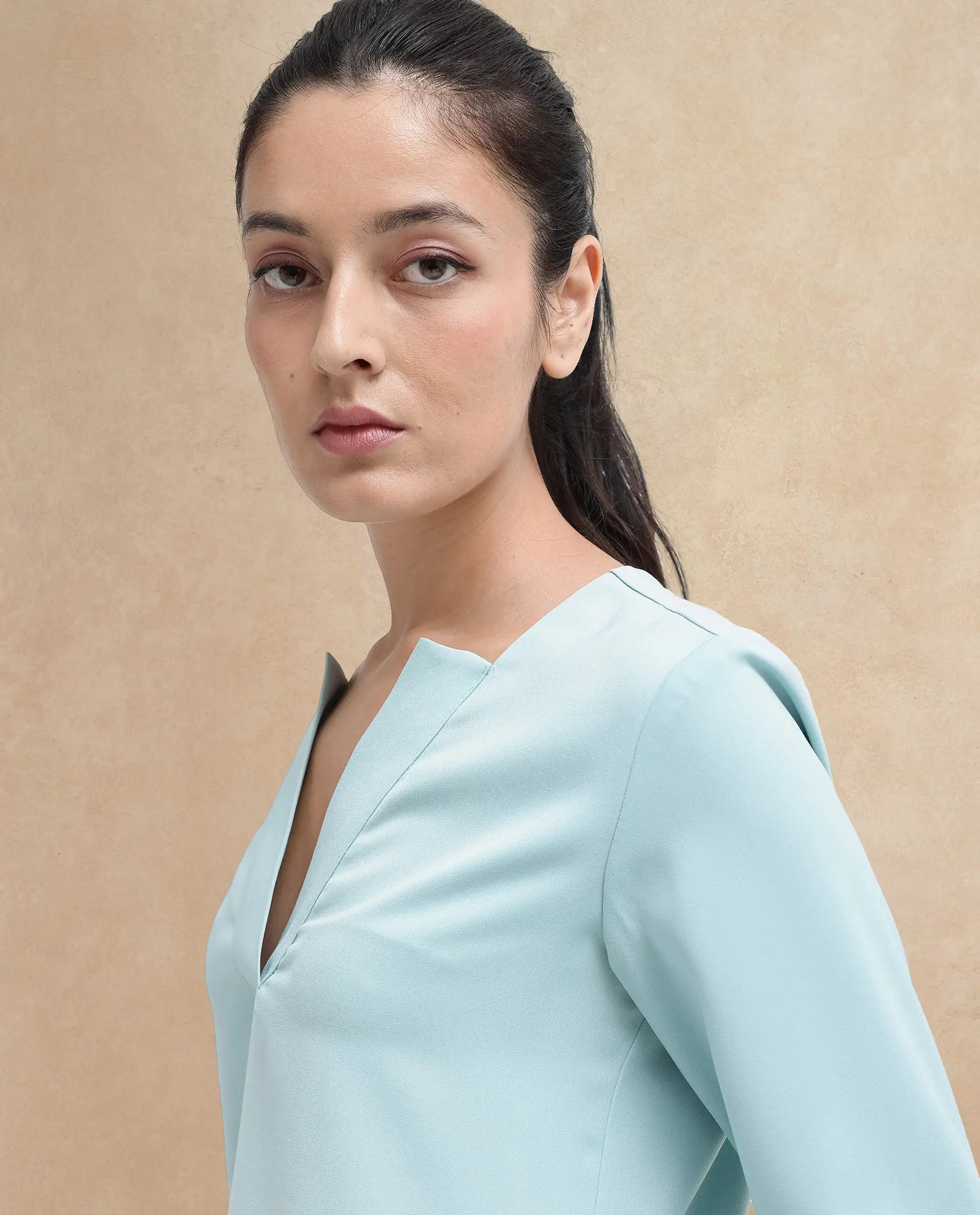 Rareism Women Shami Light Blue Cuffed Sleeve V-Neck Plain Top