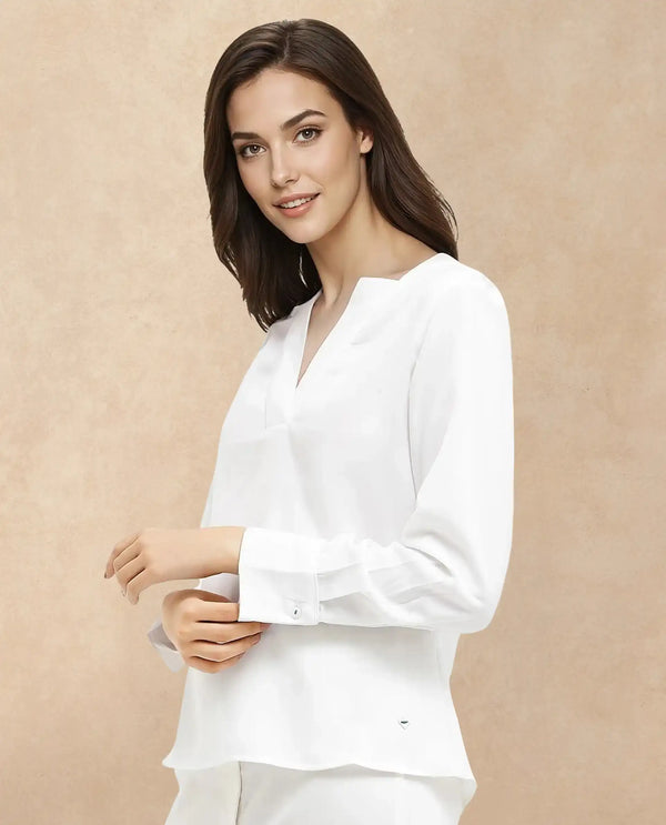 Rareism Women Shamon White Polyester V-Neck Cuffed Sleeve Top