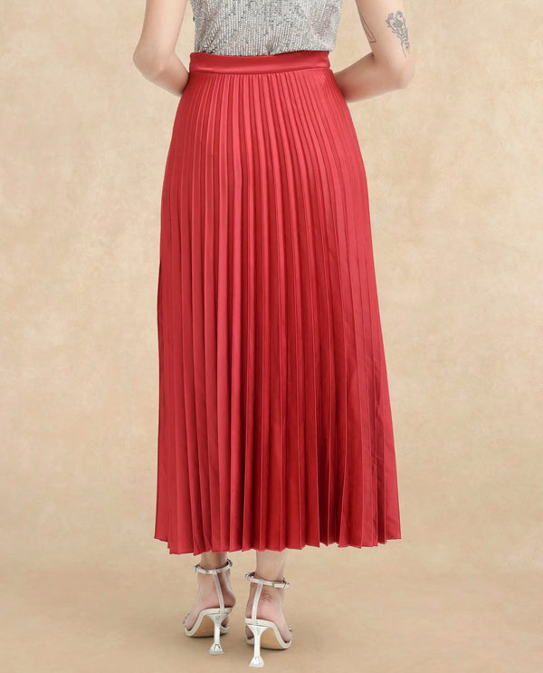 Rareism Women Shilton Maroon Polyester Fabric Solid Ankle Length Skirt