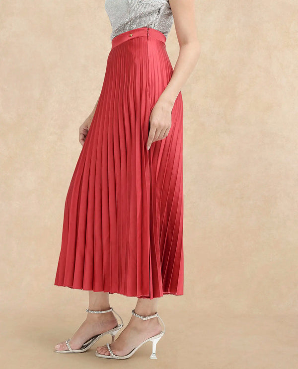 Rareism Women Shilton Maroon Polyester Fabric Solid Ankle Length Skirt