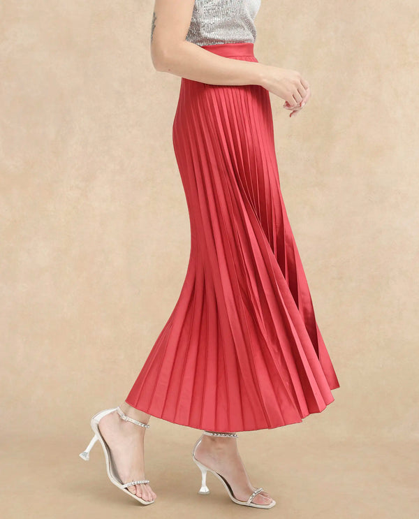 Rareism Women Shilton Maroon Polyester Fabric Solid Ankle Length Skirt