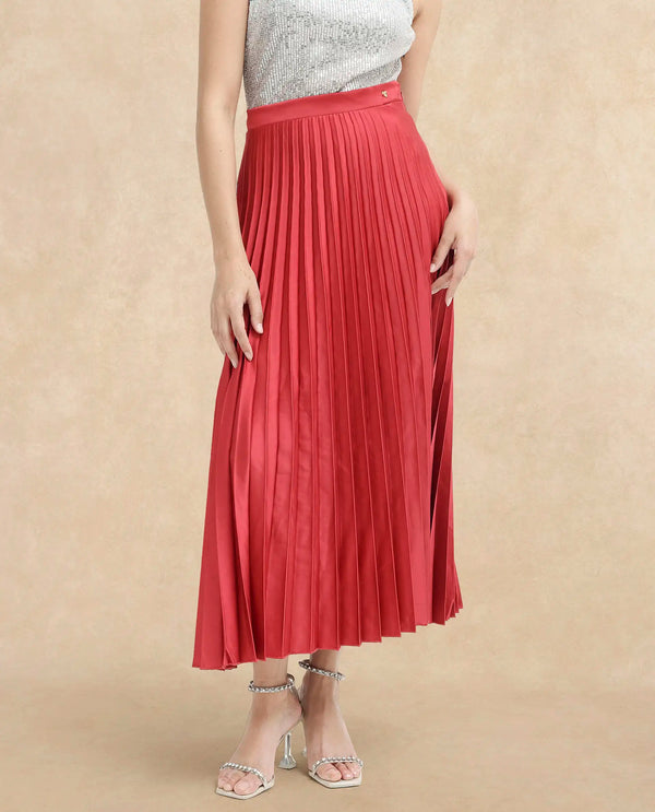 Rareism Women Shilton Maroon Polyester Fabric Solid Ankle Length Skirt