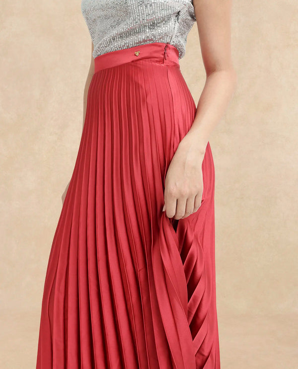 Rareism Women Shilton Maroon Polyester Fabric Solid Ankle Length Skirt