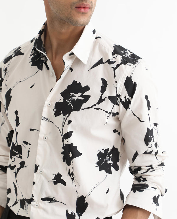 Rare Rabbit Men's Sketcherr Off White Cotton Fabric Floral Print Full Sleeves Shirt