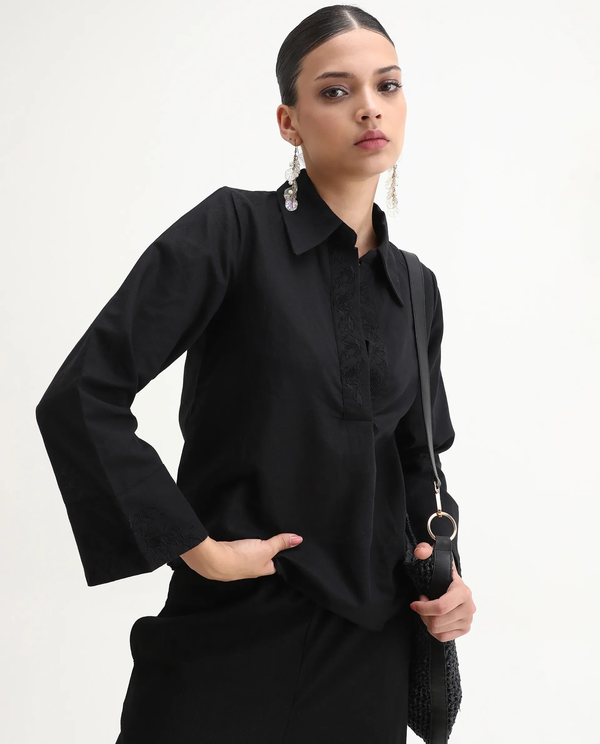 Rareism Women Sofian-SC Black Cotton Linen Fabric Regular Sleeves Collared Neck Solid Regular Length Top