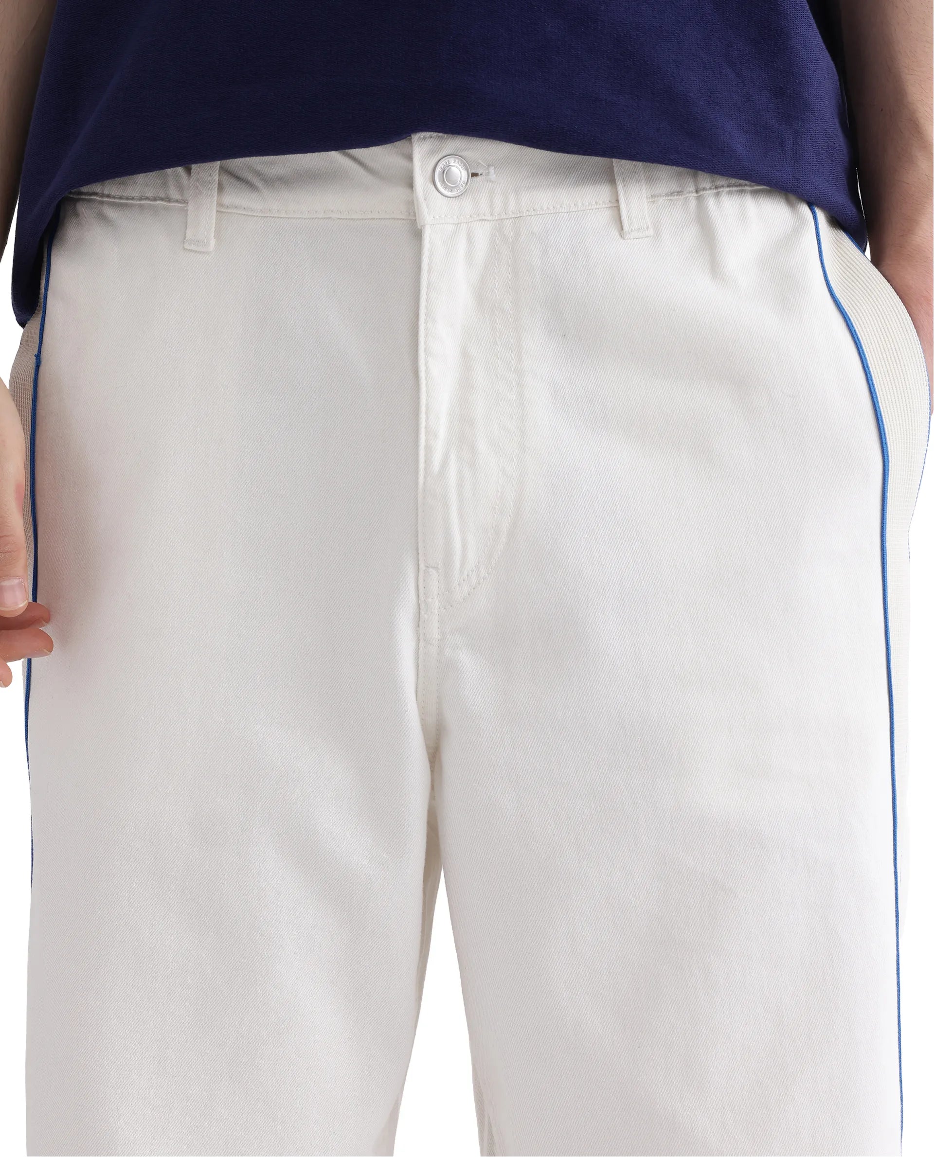 Rare Rabbit Men's Sol White Cotton Fabric Cotton Fabric Mid Rise Dark Wash Striped Jeans