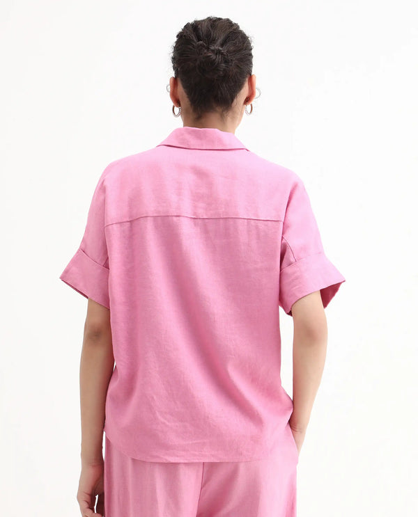 Rareism Women Somkar-T Pink Viscose Linen Fabric Extended Sleeve Johnny Collar Relaxed Fit Plain Top