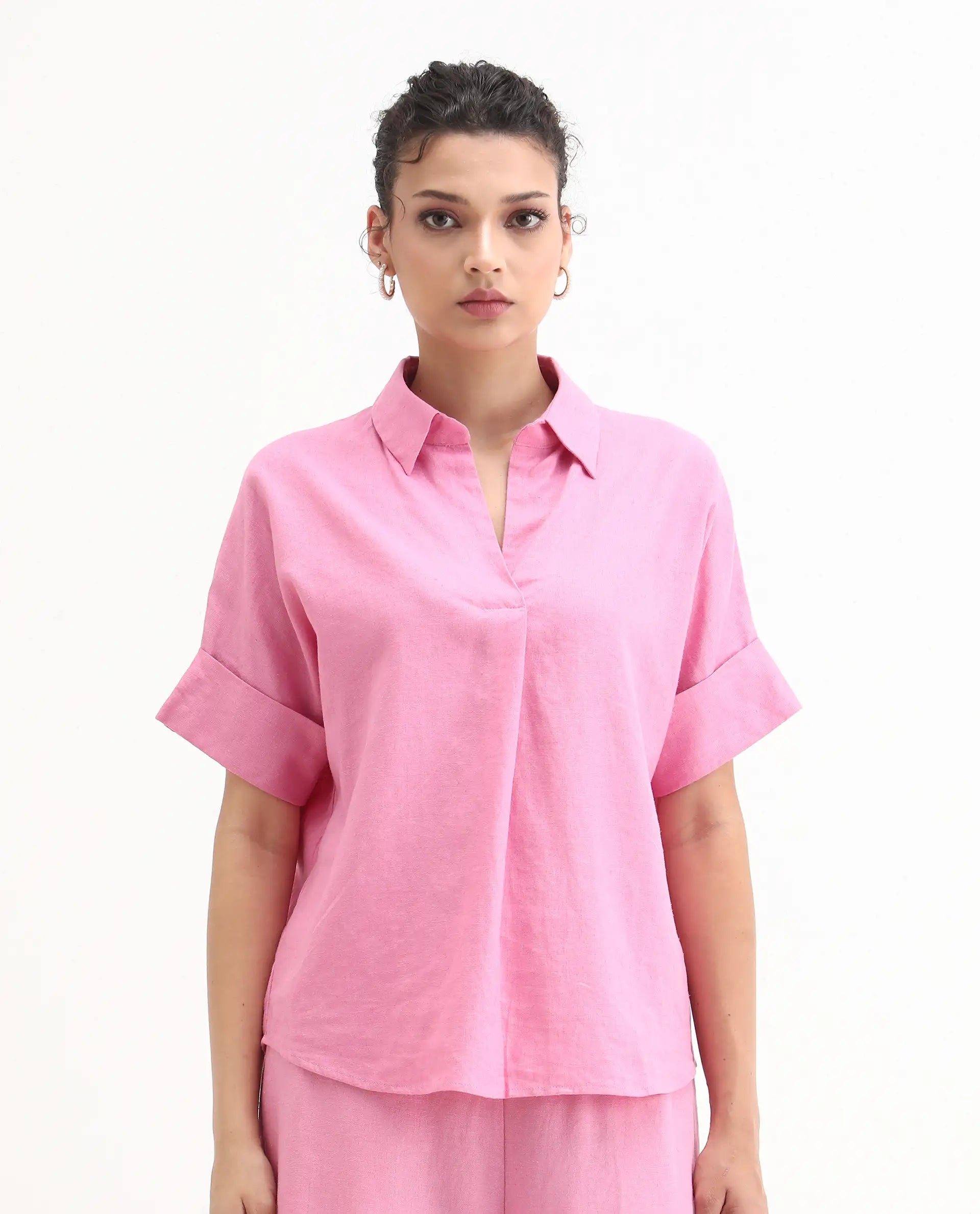 Rareism Women Somkar-T Pink Viscose Linen Fabric Extended Sleeve Johnny Collar Relaxed Fit Plain Top