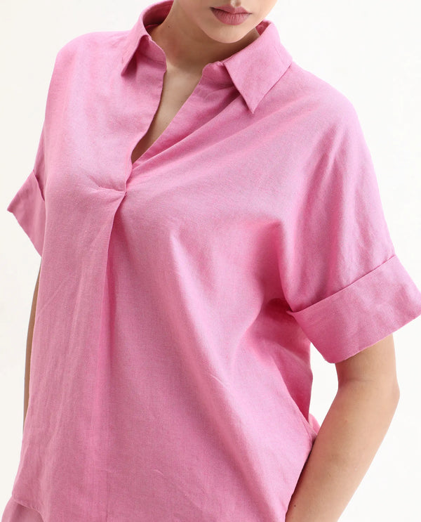 Rareism Women Somkar-T Pink Viscose Linen Fabric Extended Sleeve Johnny Collar Relaxed Fit Plain Top
