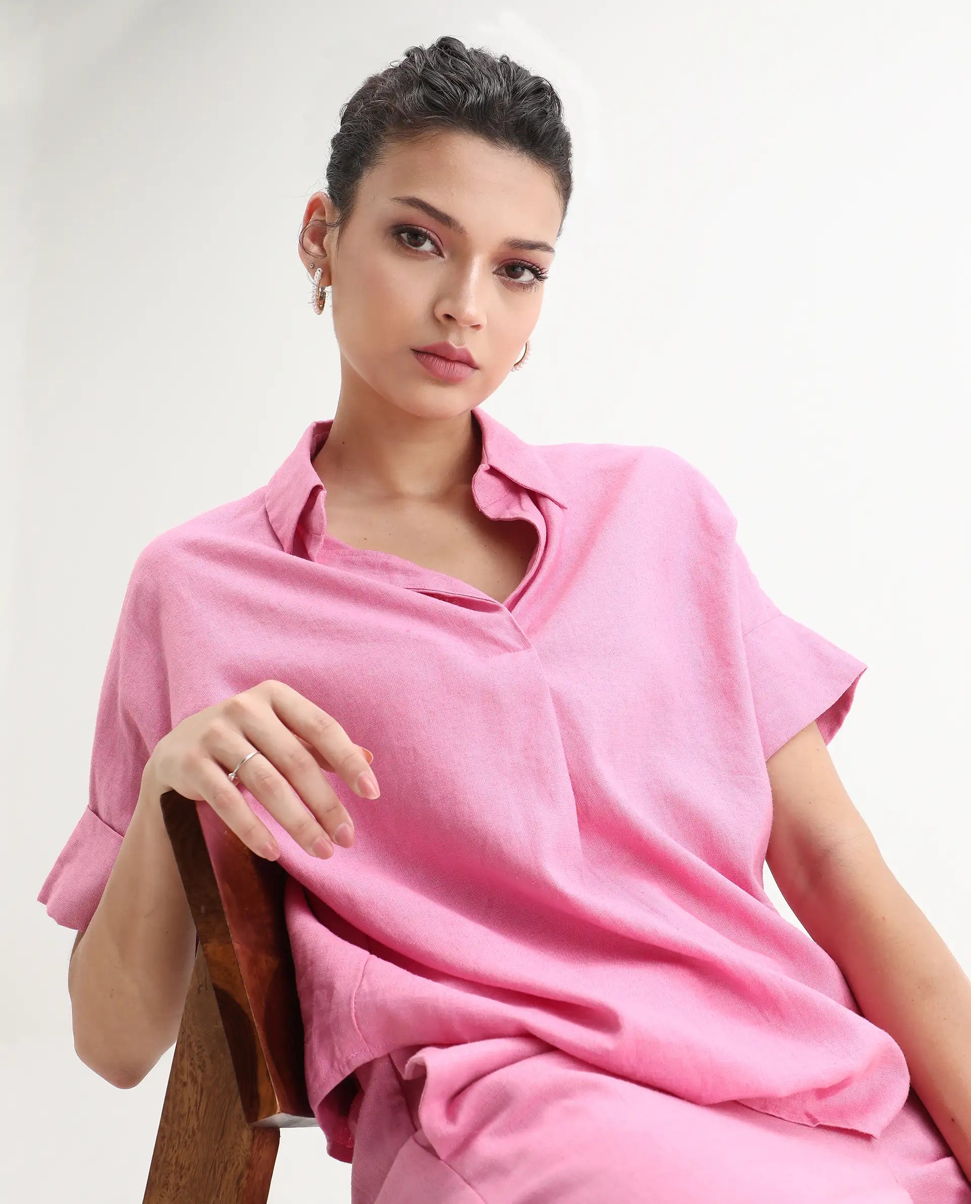 Rareism Women Somkar-T Pink Viscose Linen Fabric Extended Sleeve Johnny Collar Relaxed Fit Plain Top