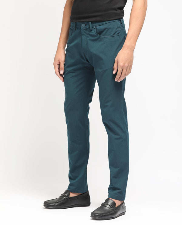 Rare Rabbit Men's Spark Dark Petrol Solid Mid-Rise Regular Fit Trouser