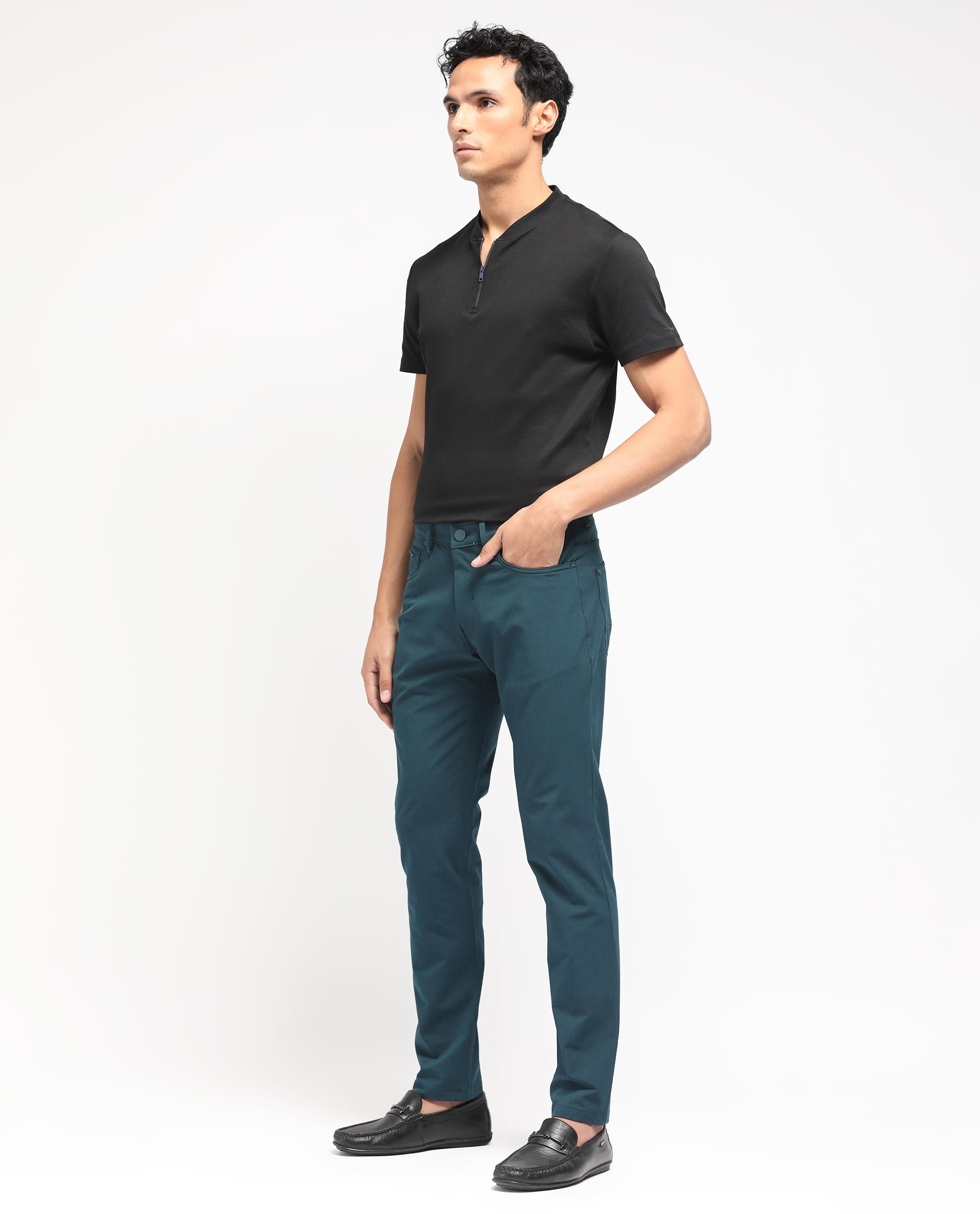Rare Rabbit Men's Spark Dark Petrol Solid Mid-Rise Regular Fit Trouser