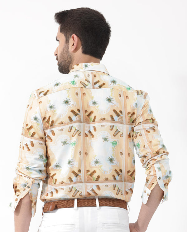 Rare Rabbit Men's Stivole Beige Viscose Fabric Full Sleeve Fantasy Print Shirt