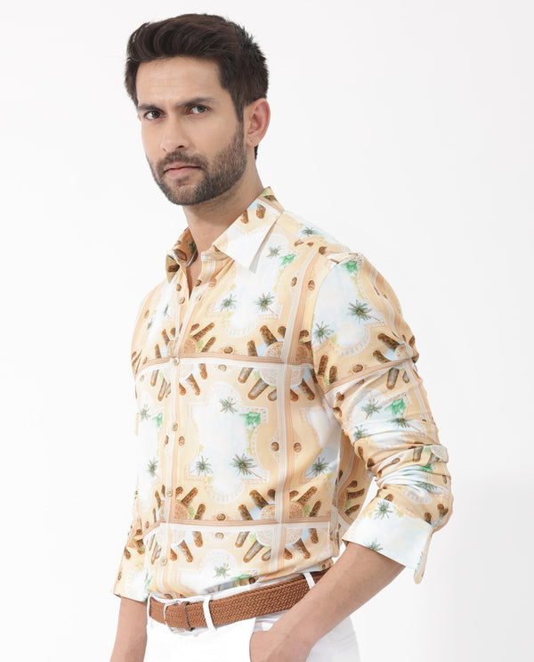Rare Rabbit Men's Stivole Beige Viscose Fabric Full Sleeve Fantasy Print Shirt