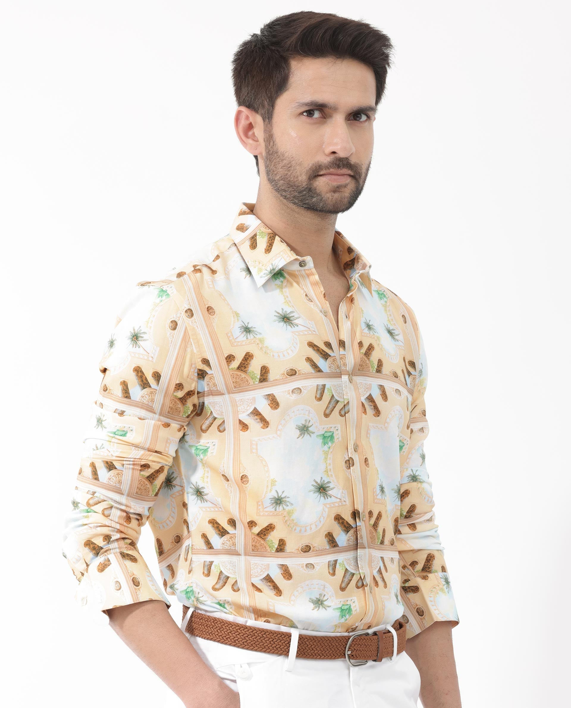 Rare Rabbit Men's Stivole Beige Viscose Fabric Full Sleeve Fantasy Print Shirt