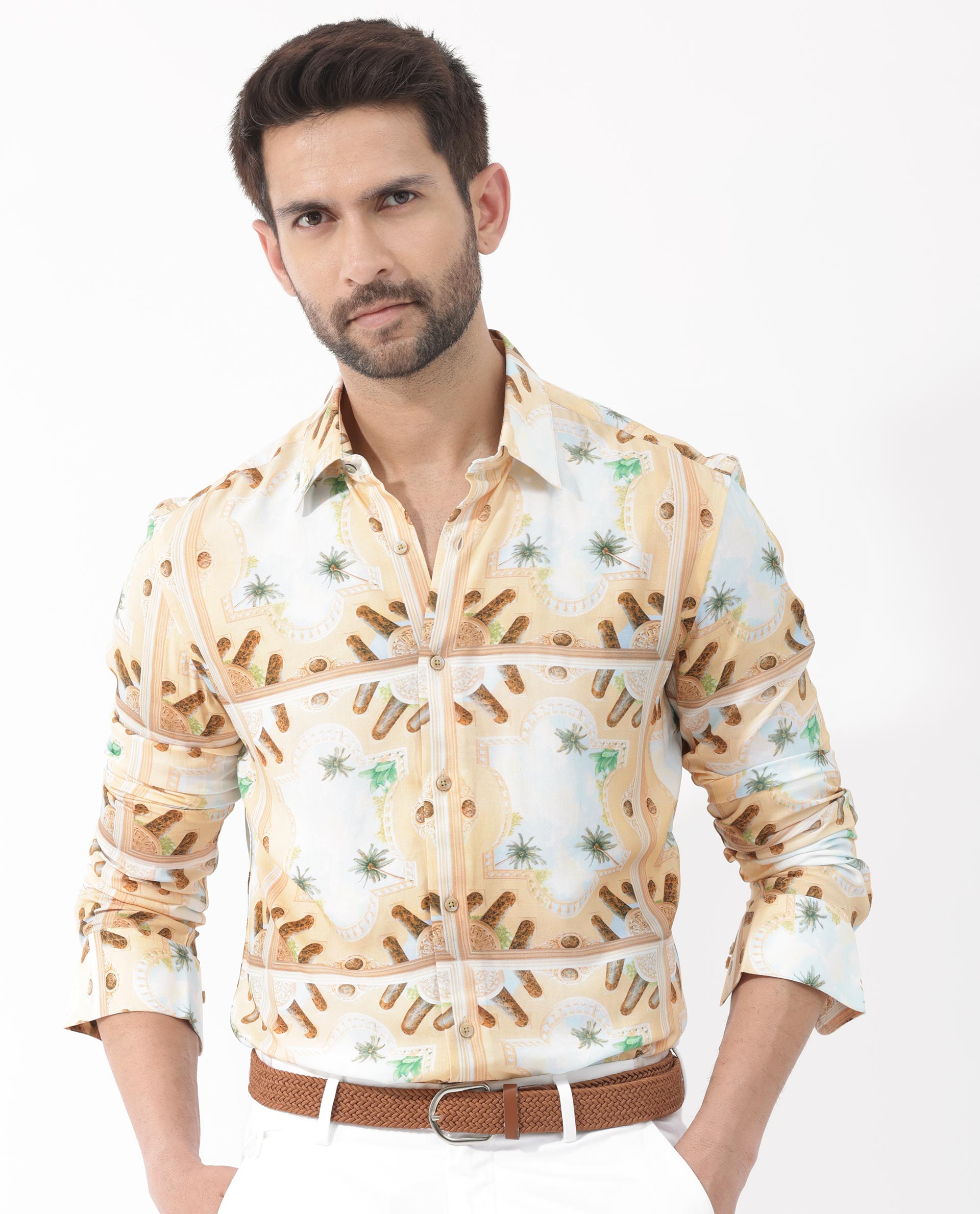 Rare Rabbit Men's Stivole Beige Viscose Fabric Full Sleeve Fantasy Print Shirt