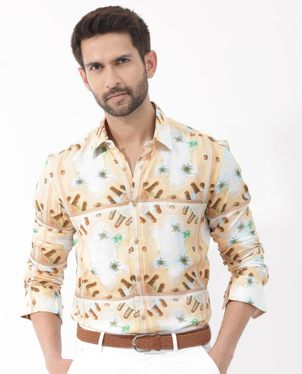 Rare Rabbit Men's Stivole Beige Viscose Fabric Full Sleeve Fantasy Print Shirt