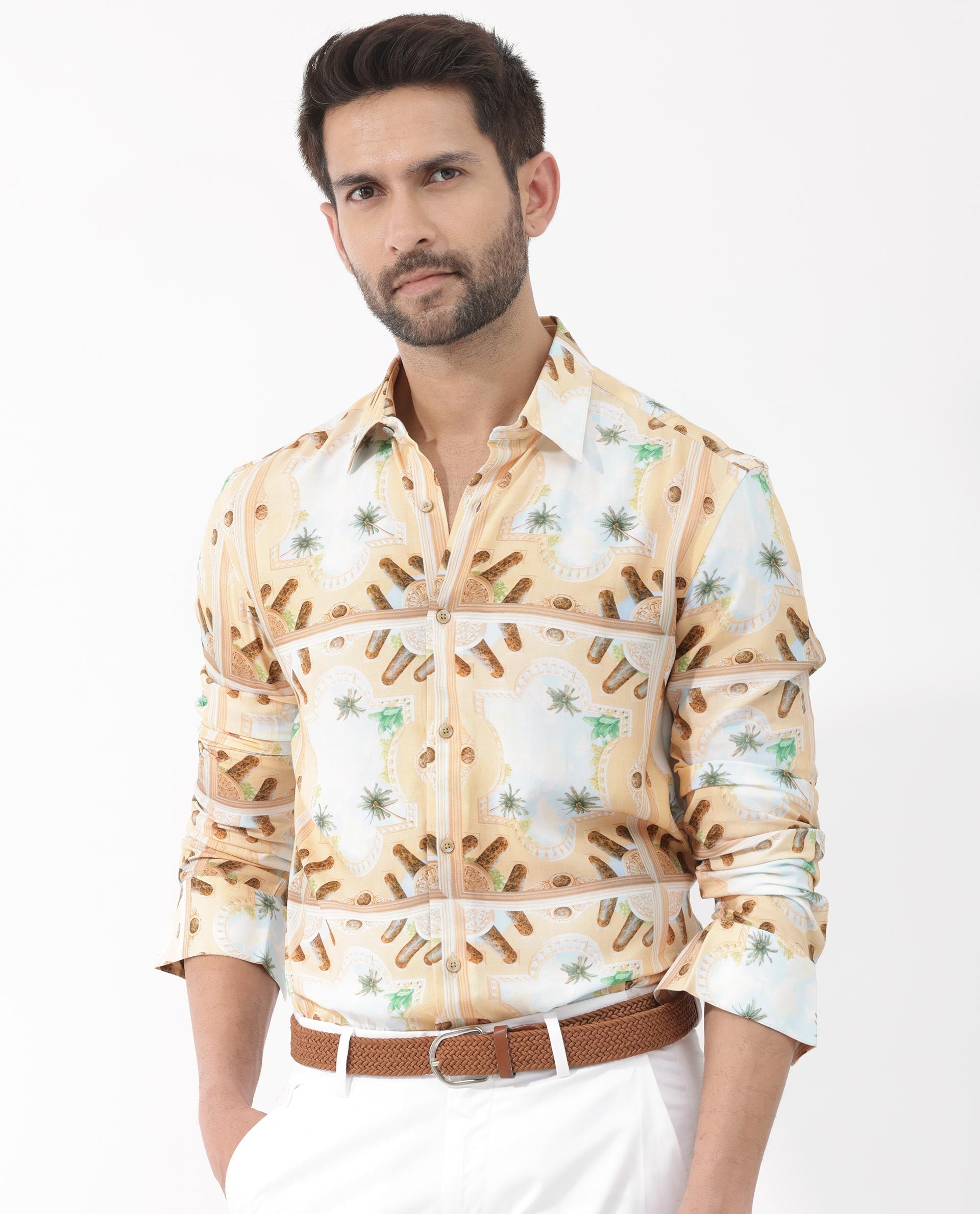 Rare Rabbit Men's Stivole Beige Viscose Fabric Full Sleeve Fantasy Print Shirt