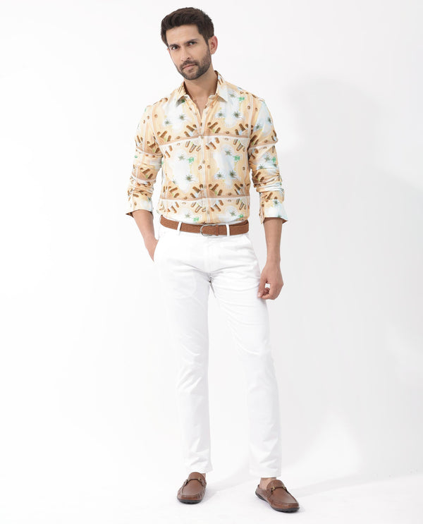 Rare Rabbit Men's Stivole Beige Viscose Fabric Full Sleeve Fantasy Print Shirt