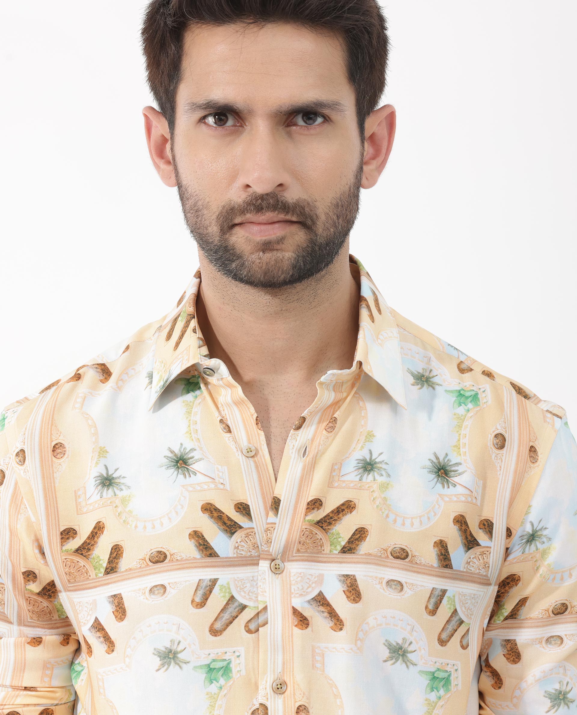 Rare Rabbit Men's Stivole Beige Viscose Fabric Full Sleeve Fantasy Print Shirt