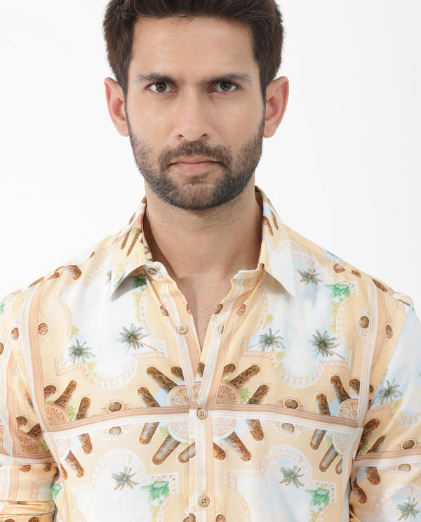 Rare Rabbit Men's Stivole Beige Viscose Fabric Full Sleeve Fantasy Print Shirt