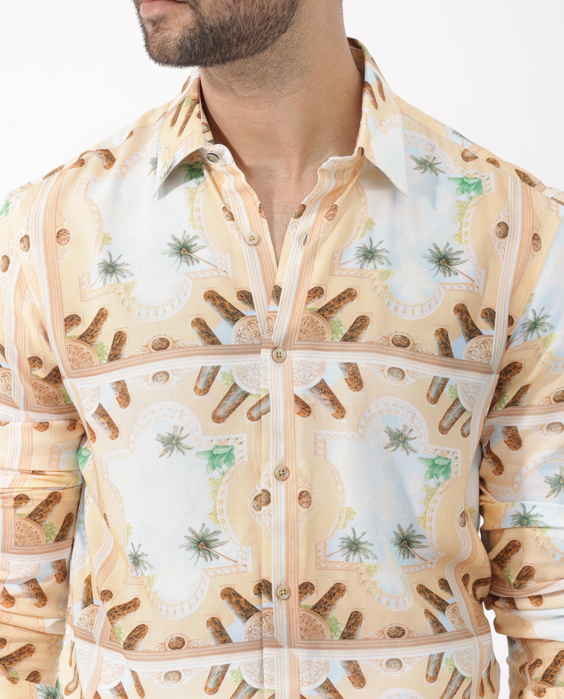 Rare Rabbit Men's Stivole Beige Viscose Fabric Full Sleeve Fantasy Print Shirt