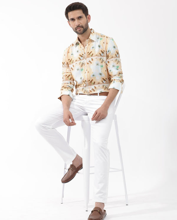 Rare Rabbit Men's Stivole Beige Viscose Fabric Full Sleeve Fantasy Print Shirt