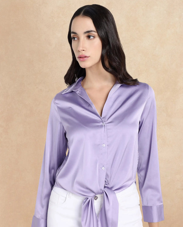 Rareism Women Teen Light Purple Cuffed Sleeve Collared Collar Button Plain Top