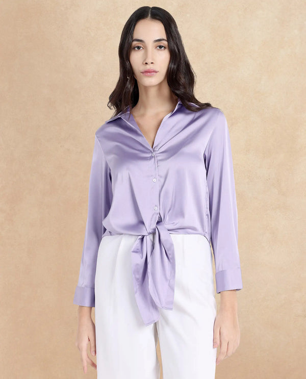 Rareism Women Teen Light Purple Cuffed Sleeve Collared Collar Button Plain Top