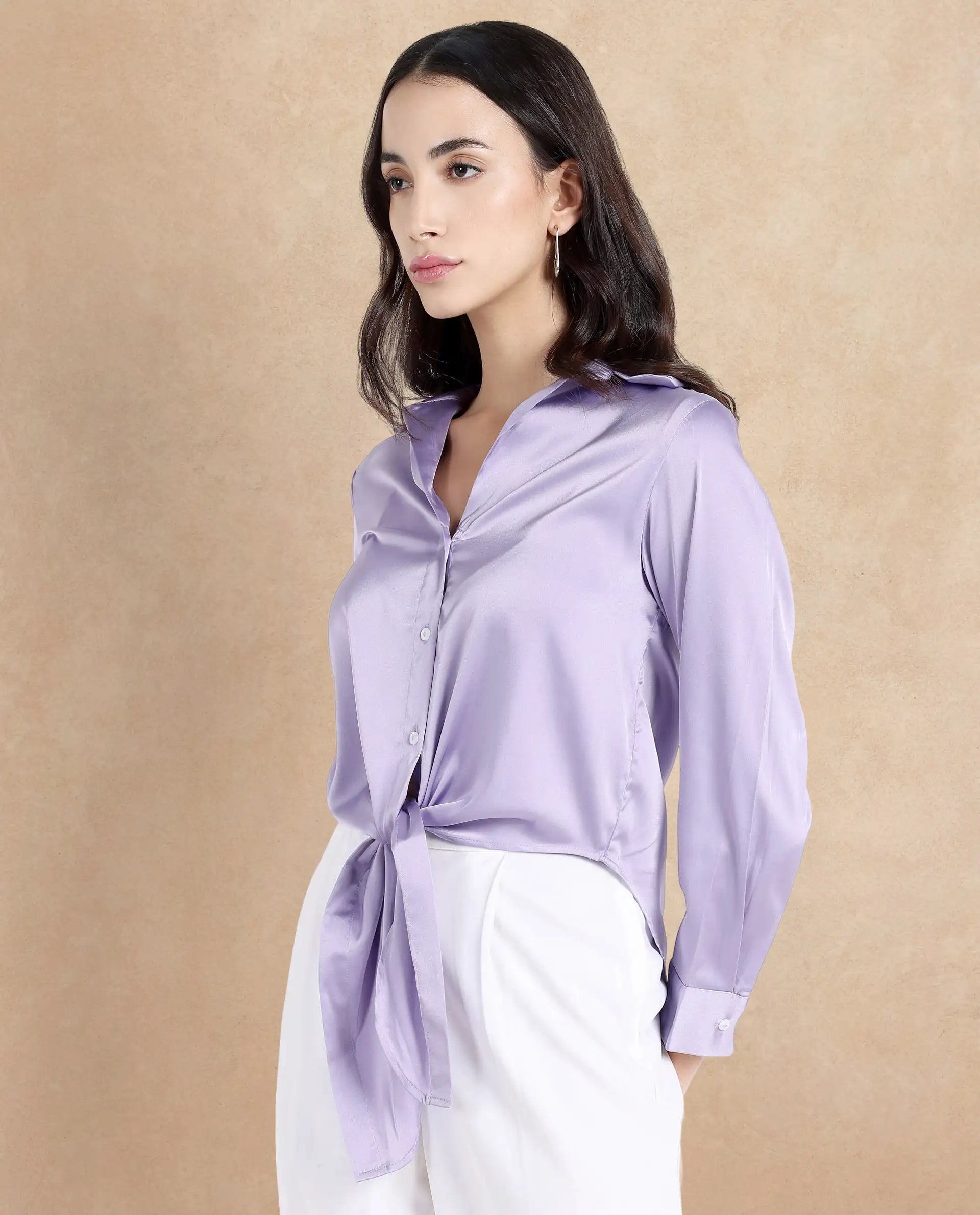 Rareism Women Teen Light Purple Cuffed Sleeve Collared Collar Button Plain Top