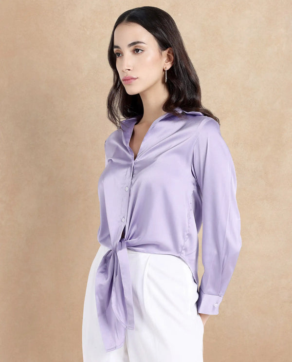 Rareism Women Teen Light Purple Cuffed Sleeve Collared Collar Button Plain Top