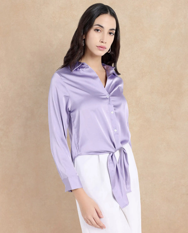 Rareism Women Teen Light Purple Cuffed Sleeve Collared Collar Button Plain Top