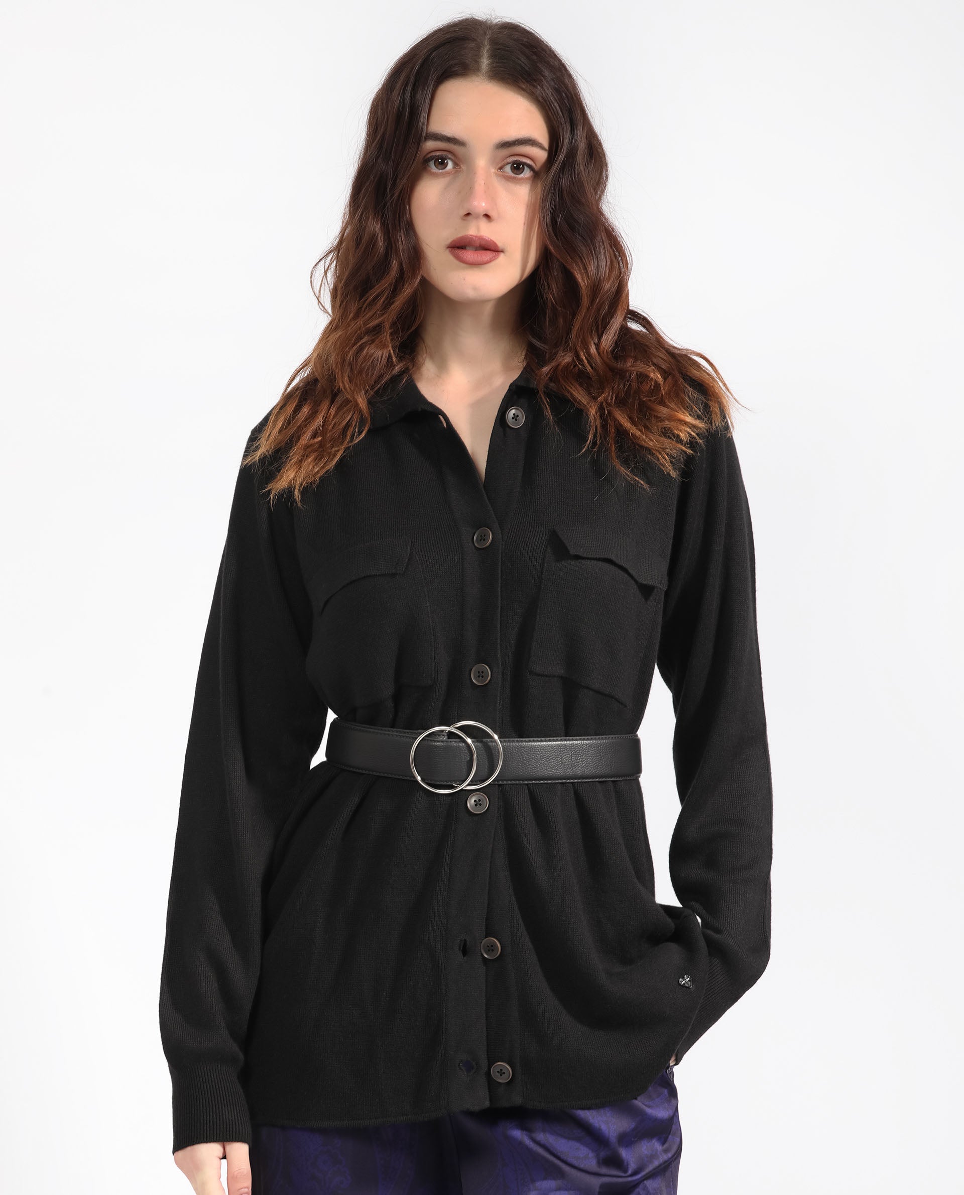 Rareism Women Telkon Black Viscose Fabric Full Sleeves Regular Fit Solid Shirt Collar Sweater