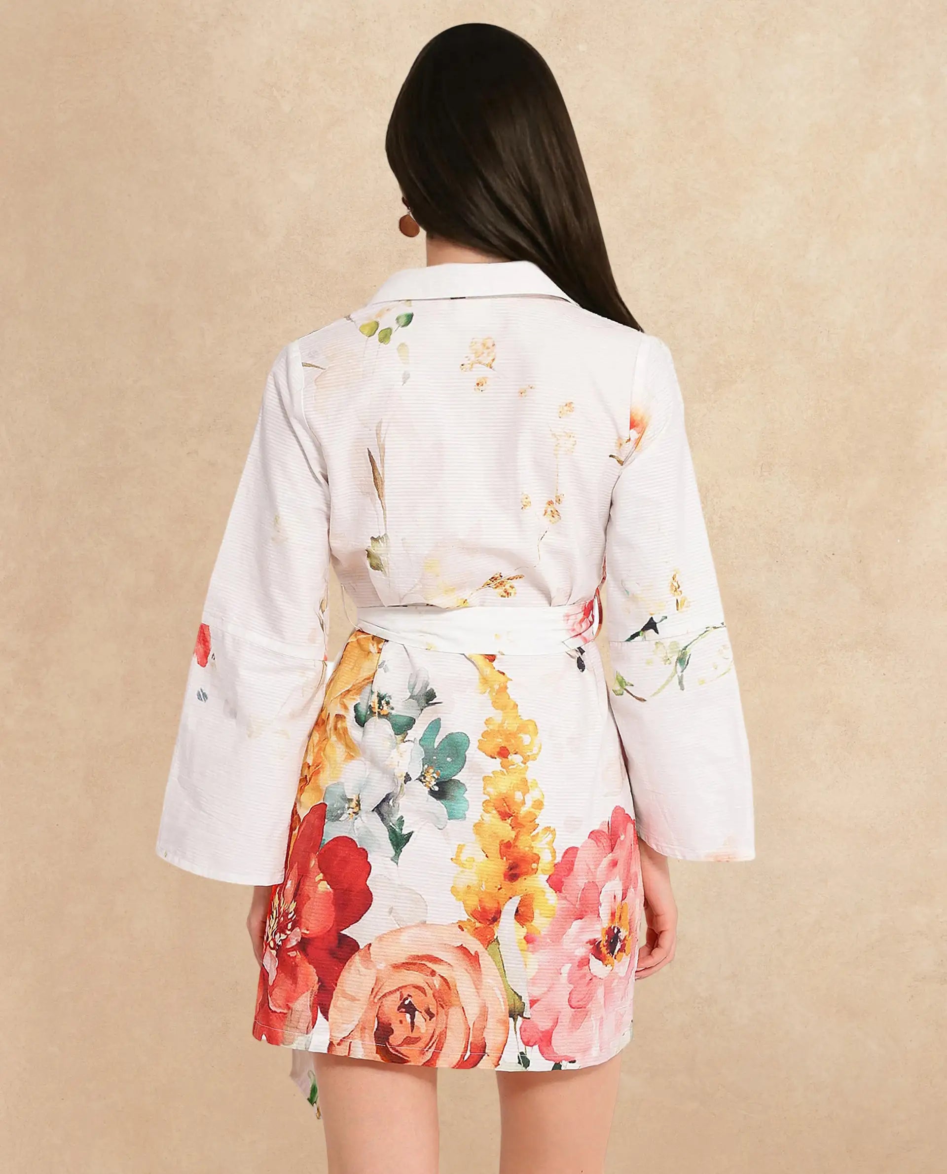 Rareism Women Tepeco Light Multi Bell Sleeves Lapel Neck Tie Up Straight Fit Floral Print Mini Dress