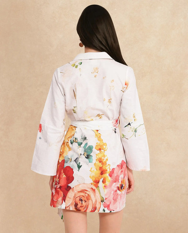 Rareism Women Tepeco Light Multi Bell Sleeves Lapel Neck Tie Up Straight Fit Floral Print Mini Dress