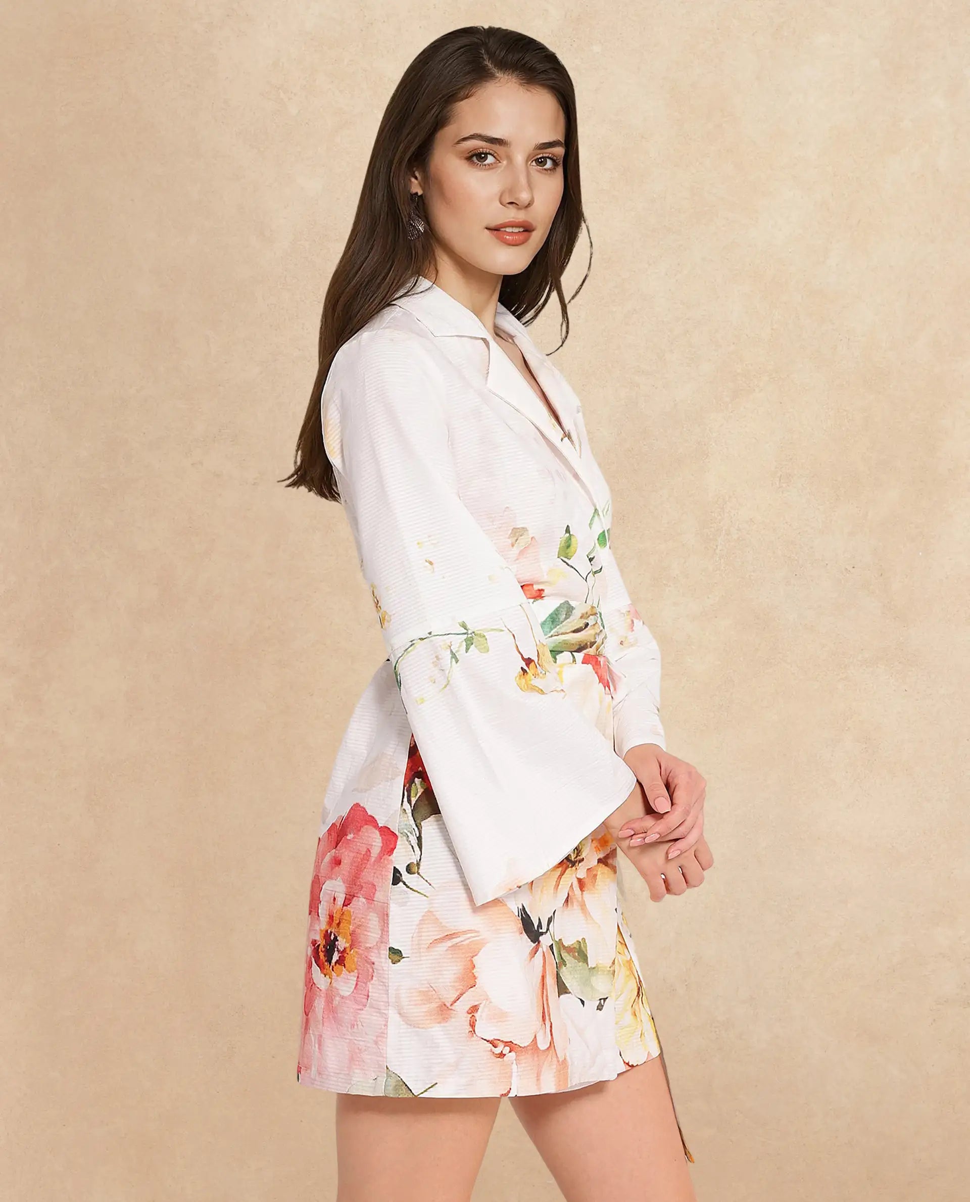 Rareism Women Tepeco Light Multi Bell Sleeves Lapel Neck Tie Up Straight Fit Floral Print Mini Dress
