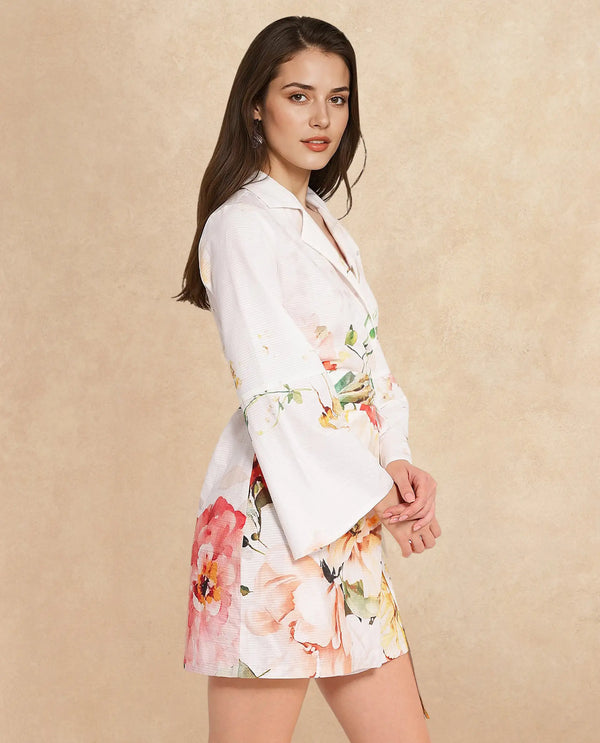 Rareism Women Tepeco Light Multi Bell Sleeves Lapel Neck Tie Up Straight Fit Floral Print Mini Dress
