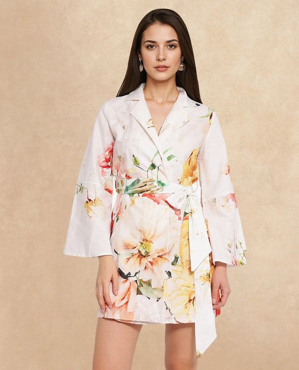 Rareism Women Tepeco Light Multi Bell Sleeves Lapel Neck Tie Up Straight Fit Floral Print Mini Dress