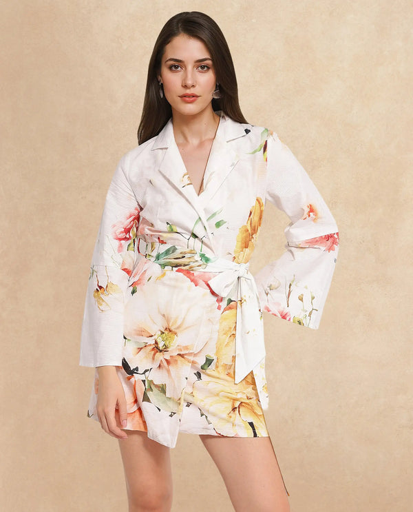 Rareism Women Tepeco Light Multi Bell Sleeves Lapel Neck Tie Up Straight Fit Floral Print Mini Dress
