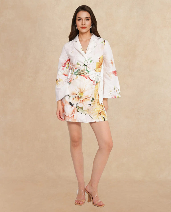 Rareism Women Tepeco Light Multi Bell Sleeves Lapel Neck Tie Up Straight Fit Floral Print Mini Dress